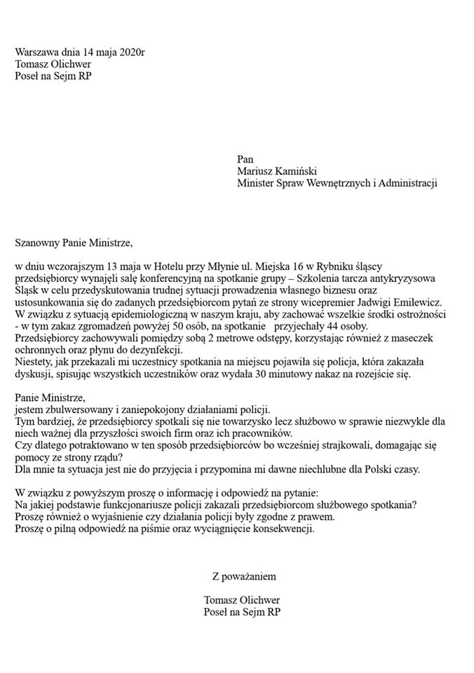Pismo MSW - Atak policji na spotkania Strajku Przedsiębiorców.